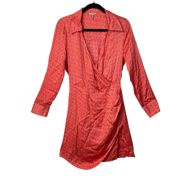 Esqualo Satin Chain Link Dress 6 Orange Wrap Long Sleeve Silky Statement NWOT - Picture 2 of 15